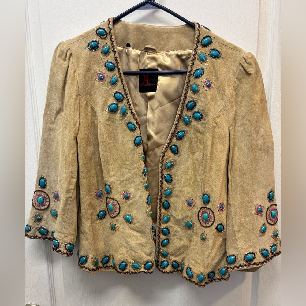 Ladies VINTAGE Adrienne Landau Beige Jacket w/ Turquoise Size MED